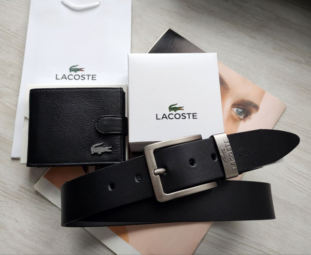 Чоловічий подарунковий набір Lacoste ремінь і гаманець чорні, фото 1