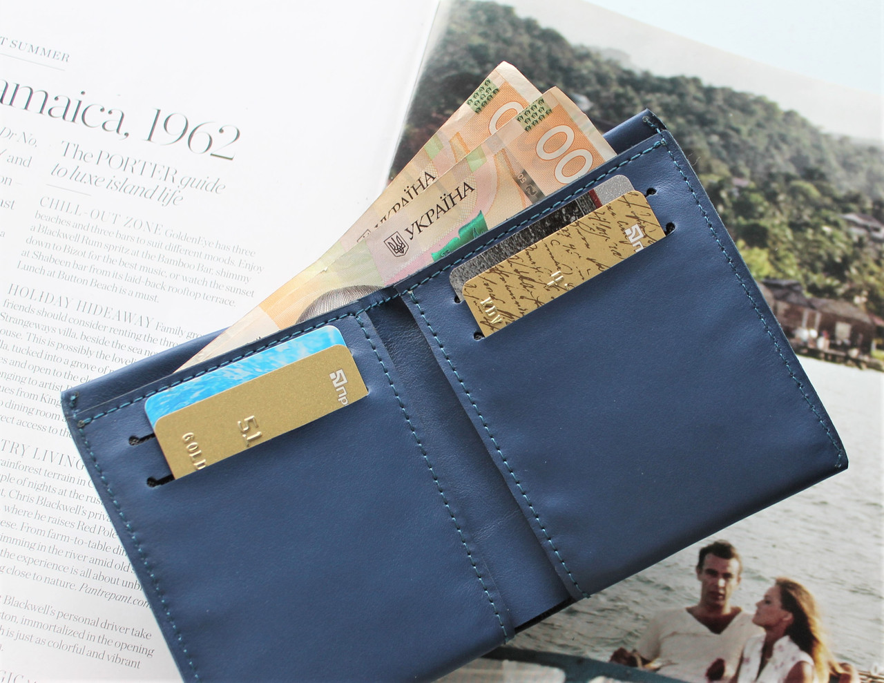 Чоловічий шкіряний компактний гаманець "Piccolo" синій, фото 1