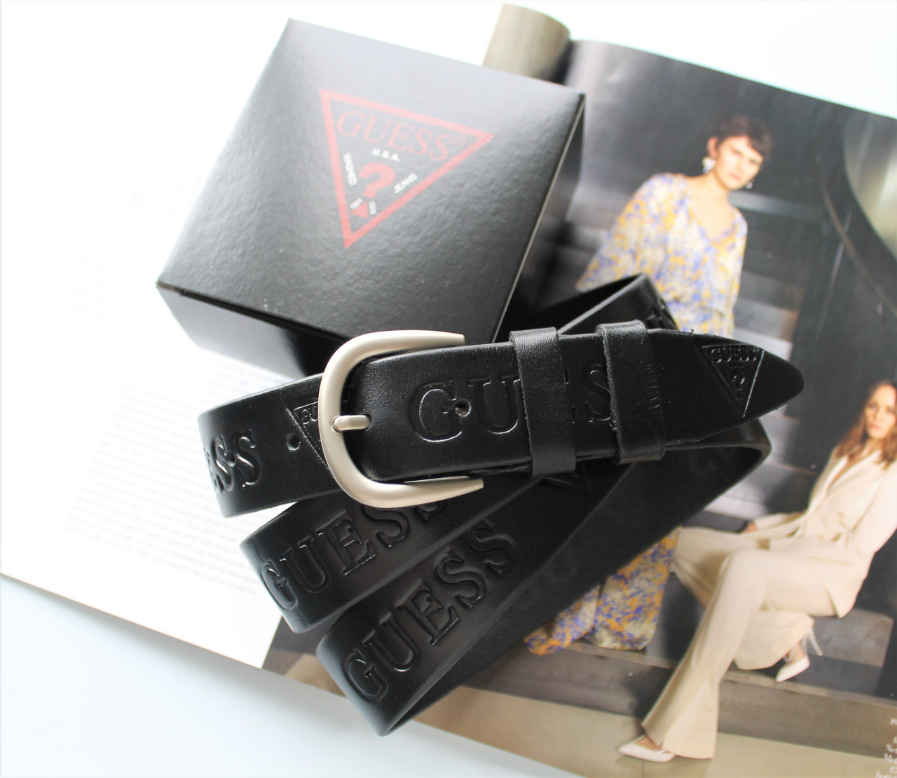 Жіночий шкіряний ремінь Guess чорний, фото 1