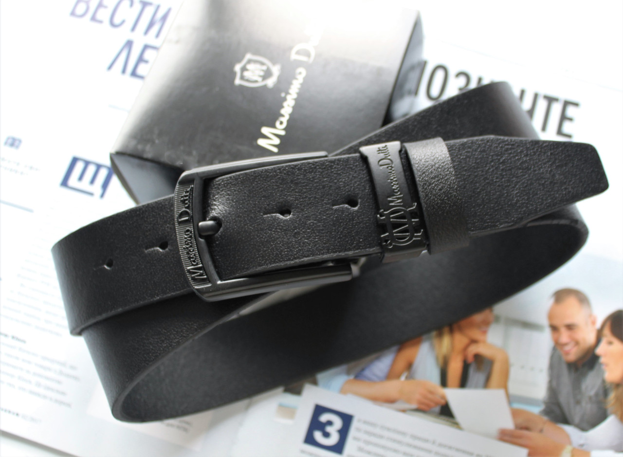 Шкіряний ремінь Massimo пряжка чорна + коробка в подарунок, фото 1