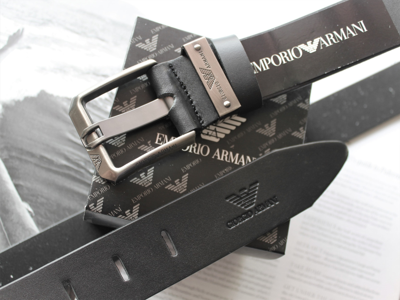 Чоловічий ремінь Armani чорний, фото 1