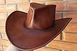 Ковбойський шкіряний капелюх ручної роботи коричневий, фото 2