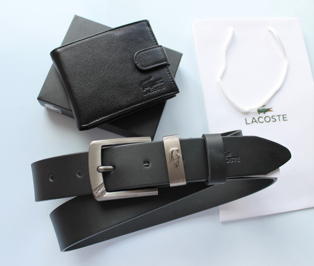 Чоловічий подарунковий набір Lacoste ремінь і гаманець чорні, фото 1