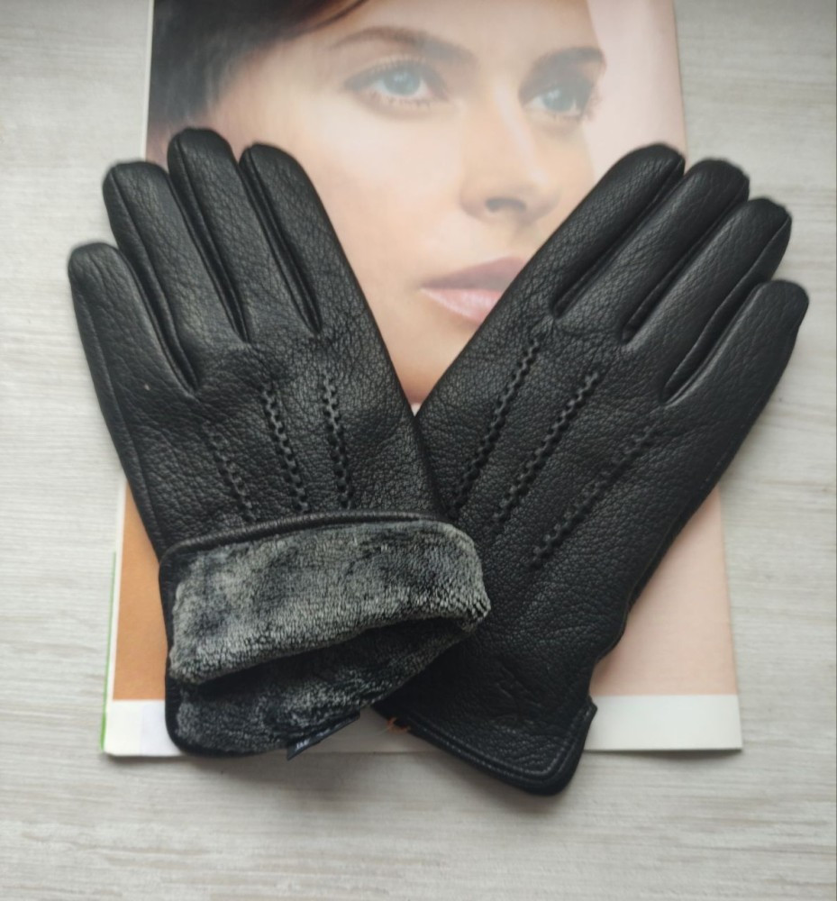 Шкіряні чоловічі рукавички з оленячої шкіри, підкладка махра, фото 1