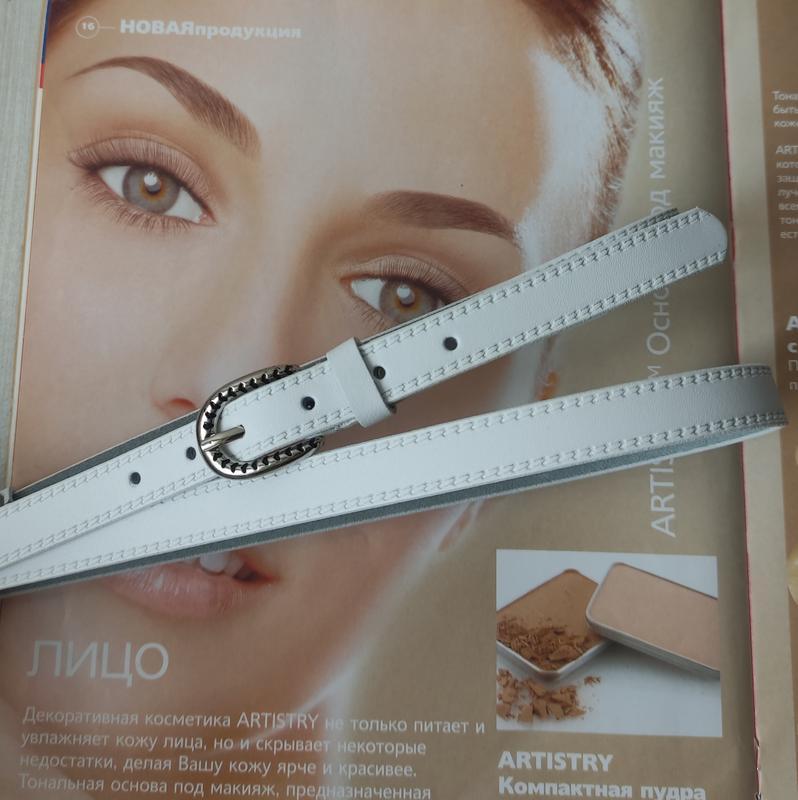 Вузький шкіряний ремінь білий імітація строчка, фото 1