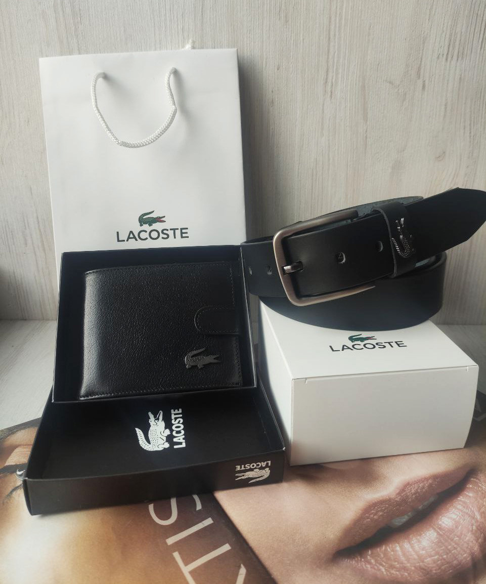 Чоловічий подарунковий набір Lacoste ремінь і гаманець чорні, фото 1