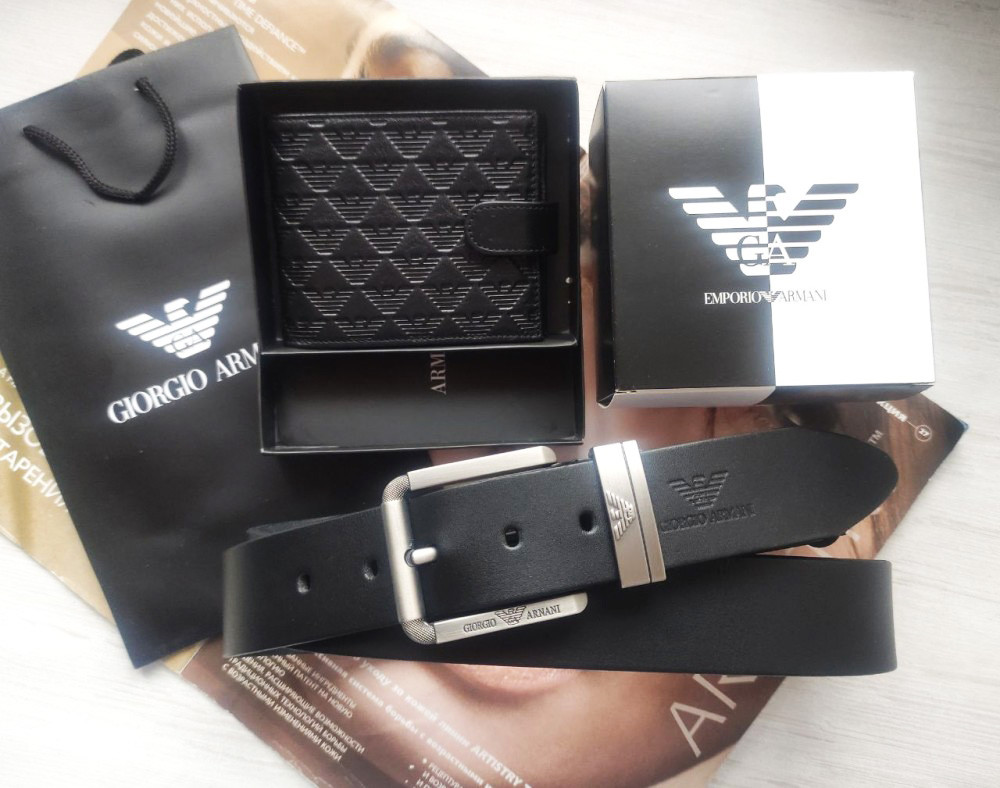 Чоловічий шкіряний подарунковий набір Armani ремінь і гаманець чорні, фото 1