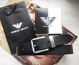 Чоловічий шкіряний подарунковий набір Armani ремінь і гаманець чорні, фото 2