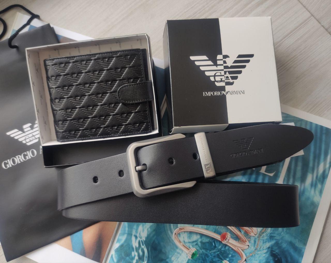 Чоловічий шкіряний подарунковий набір Armani ремінь і гаманець чорні, фото 1