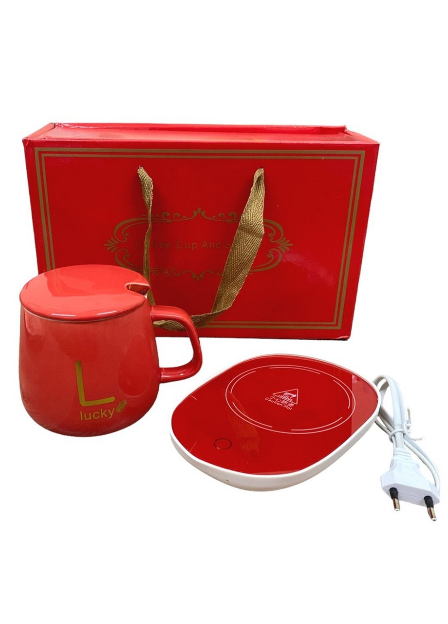 Кухоль керамічний із кришкою та підставкою з підігрівом набір червоний, фото 1