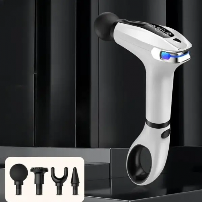 Портативний ручний масажер пістолет із 4 насадками Fascial Gun HB-005 Масажний Білий