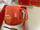 Кухоль керамічний із кришкою та підставкою з підігрівом набір червоний, фото 3