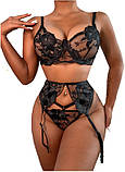Жіноча чорна спідня білизна ліф, трусики та пояс, фото 5