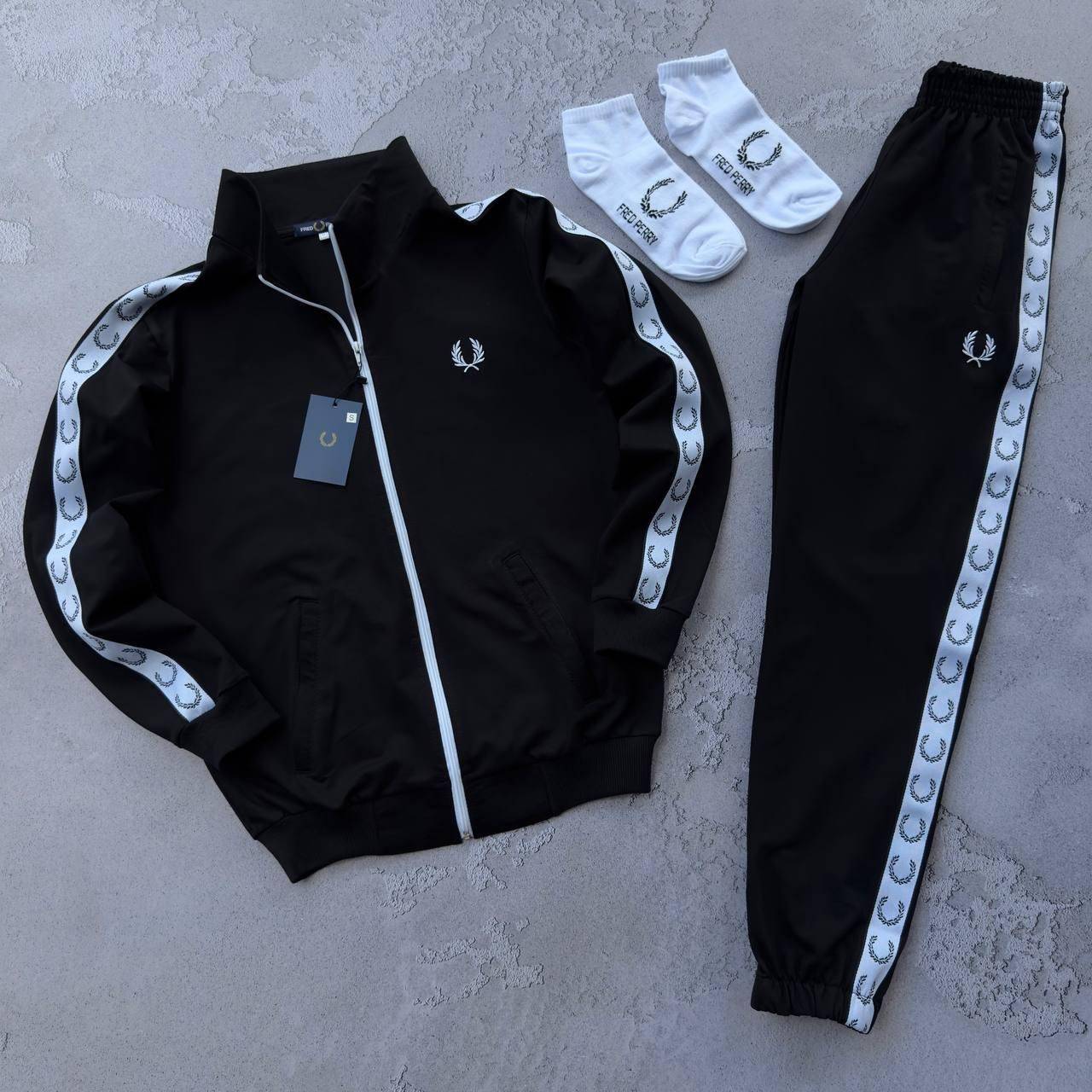 Чоловічий костюм Fred Perry Кофта + Штани + Шкарпетки чорний з лампасами Фред Перрі весняний