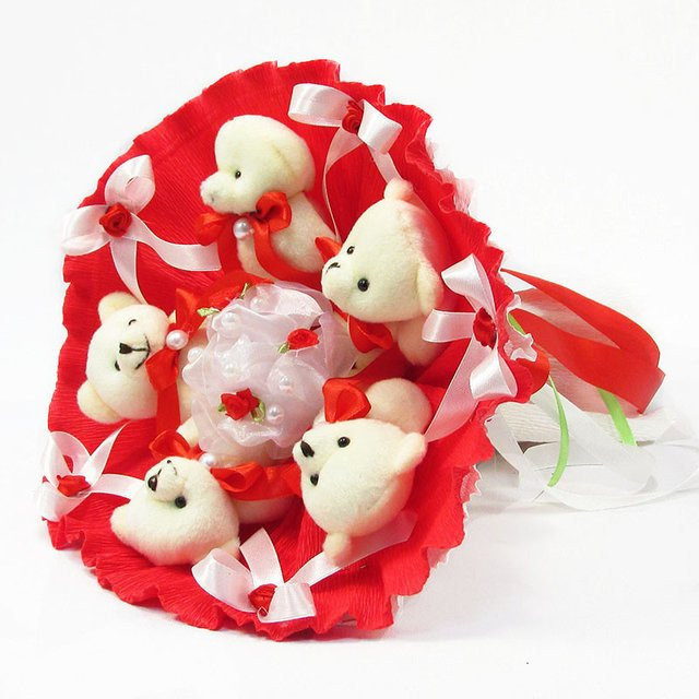 Букет з м’яких іграшок 5 ведмедиків червоний 5289IT - оригінальний подарунок на свято, фото 1