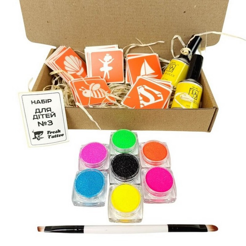Набір для био-тату "Неон для дітей #3" з трафаретами та блискітками, фото 1
