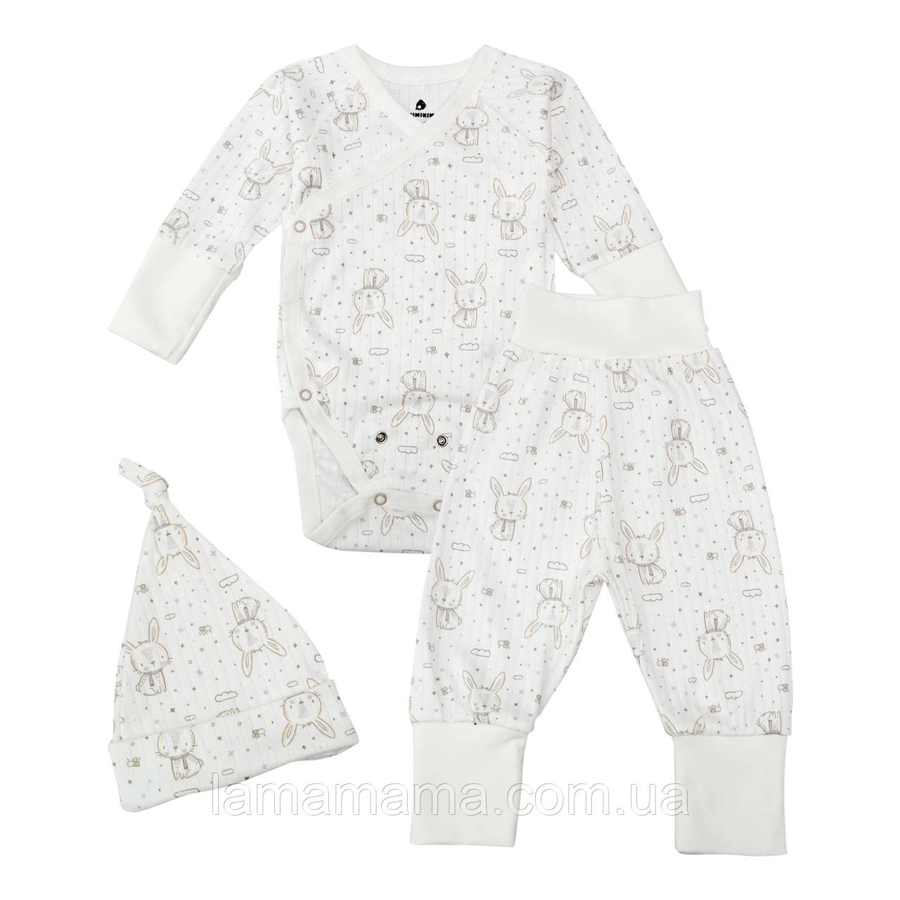 Зростаючий трикотажний комплект для малюків - боді-льоля, штанці, шапочка - Зайчики Інтерлок-рубчик Minikin, фото 1