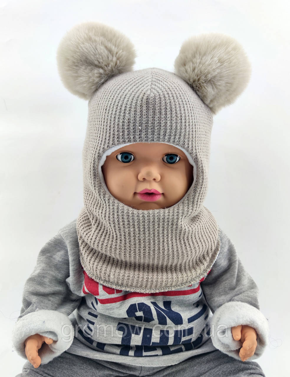 Дитяча в'язана шапка шолом тепла з флісом дитячі головні убори бежевий (ШДТ365), фото 1