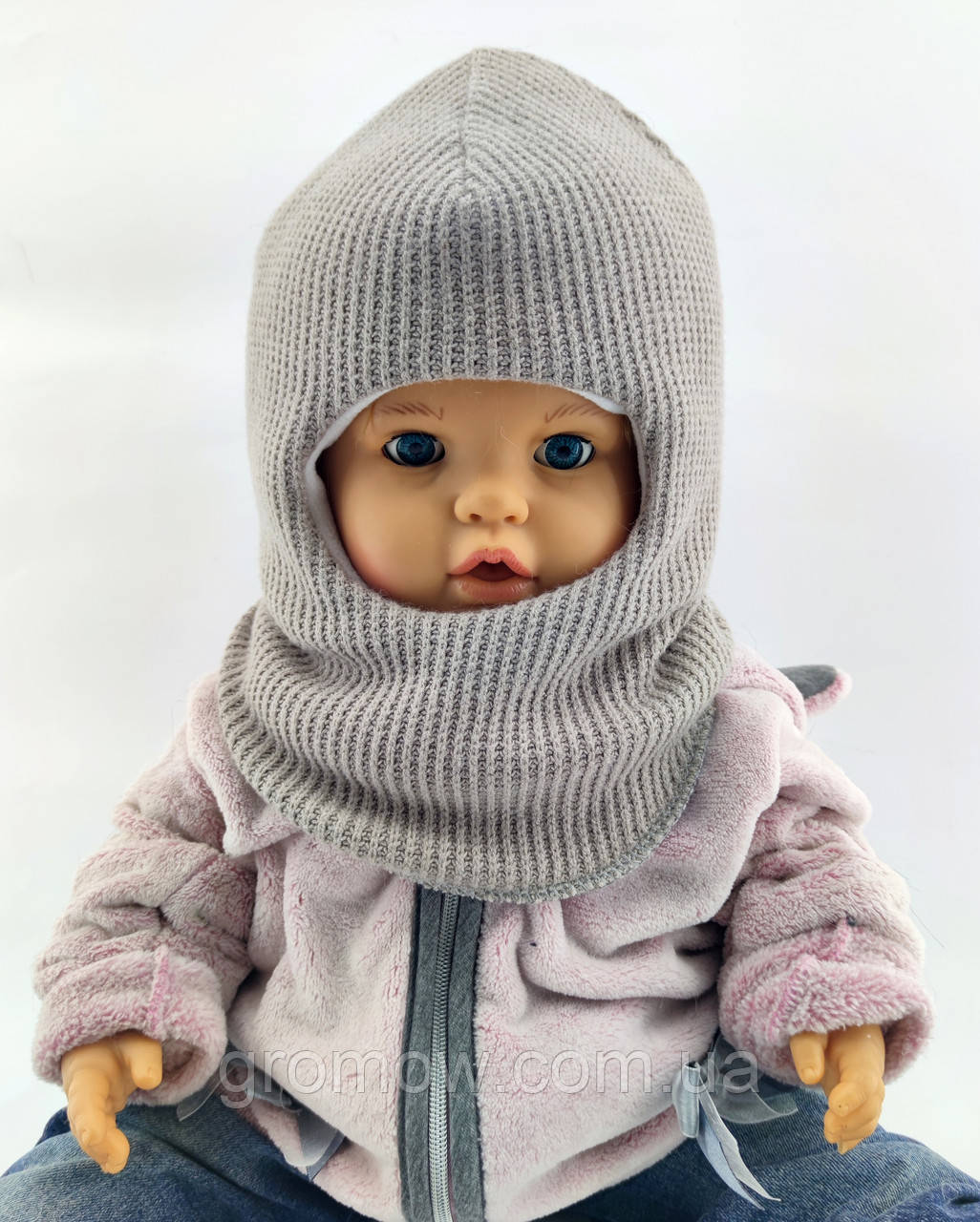 Дитяча в'язана шапка шолом тепла з флісом дитячі головні уборибежевий (ШДТ368), фото 1