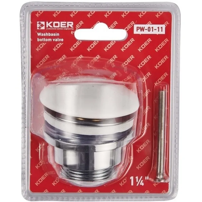 Донний клапан для умивальника Koer PW-01-11 1 1/4" (кнопка) (Біла керамічна накладка) (KR3405), фото 1