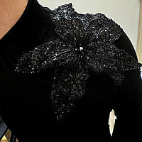 Квітка декор на піджак (вишитий бісером, пайетками) Чорний 30см