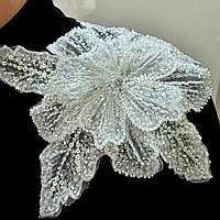 Квітка декор на сукню (вишита бісером, пайетками) колір-білий, д 30см