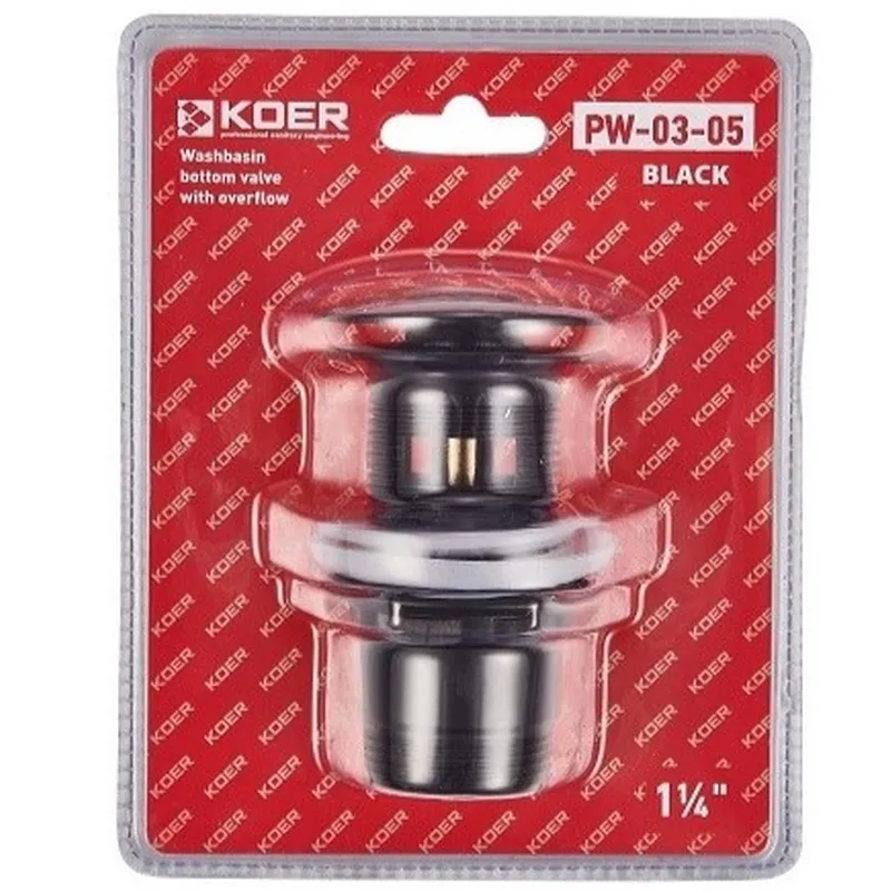 Донний клапан для умивальника з переливом Koer PW-03-05 1 1/4" (кнопка) (Чорний) (KR3396), фото 1