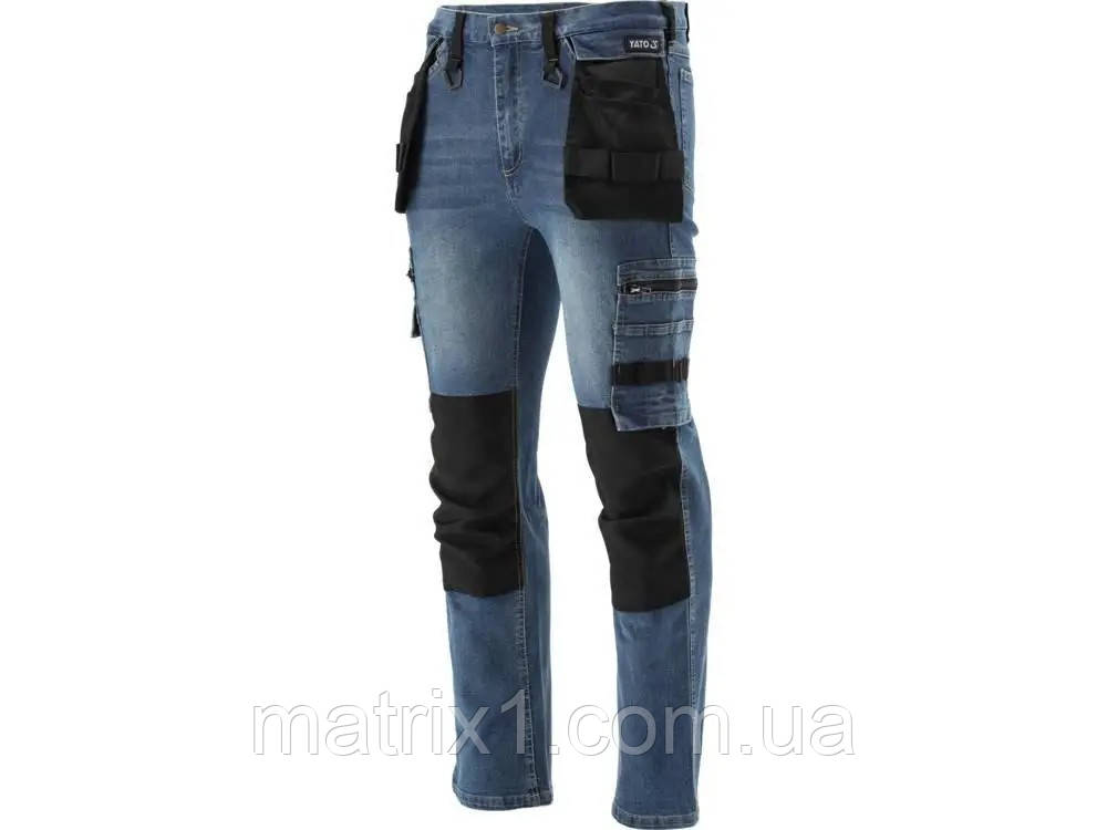 Штани робочі джинс стрейч YATO розмір L/XL- 98-106 см, зріст — 180-188 см, тем-сині, 17 кишень, 71% бав