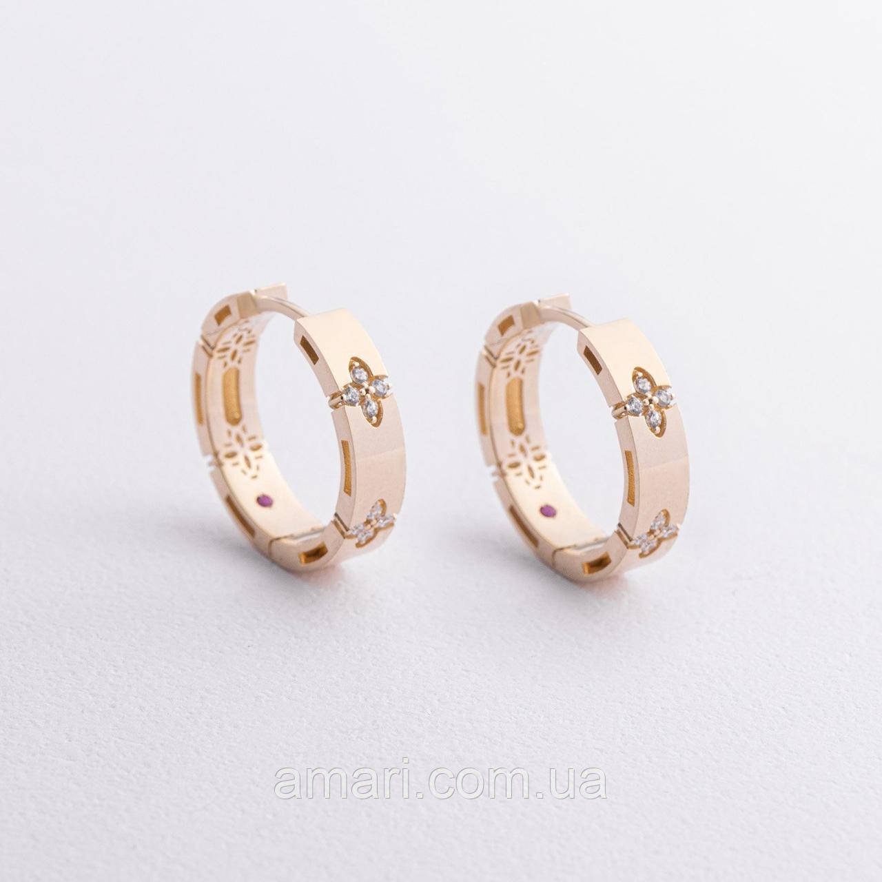 Сережки — кільця "Клевер" у жовтому золоті 
(фіаніти) с09228, фото 1