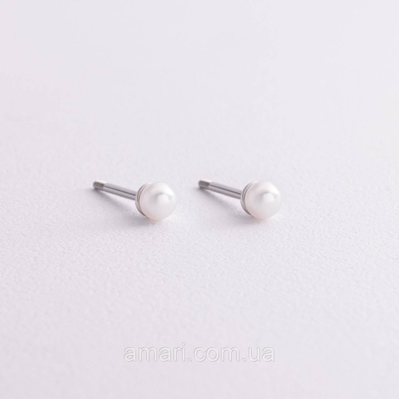 Сережки-пусети з перлами (біле золото) 
с09286, фото 1