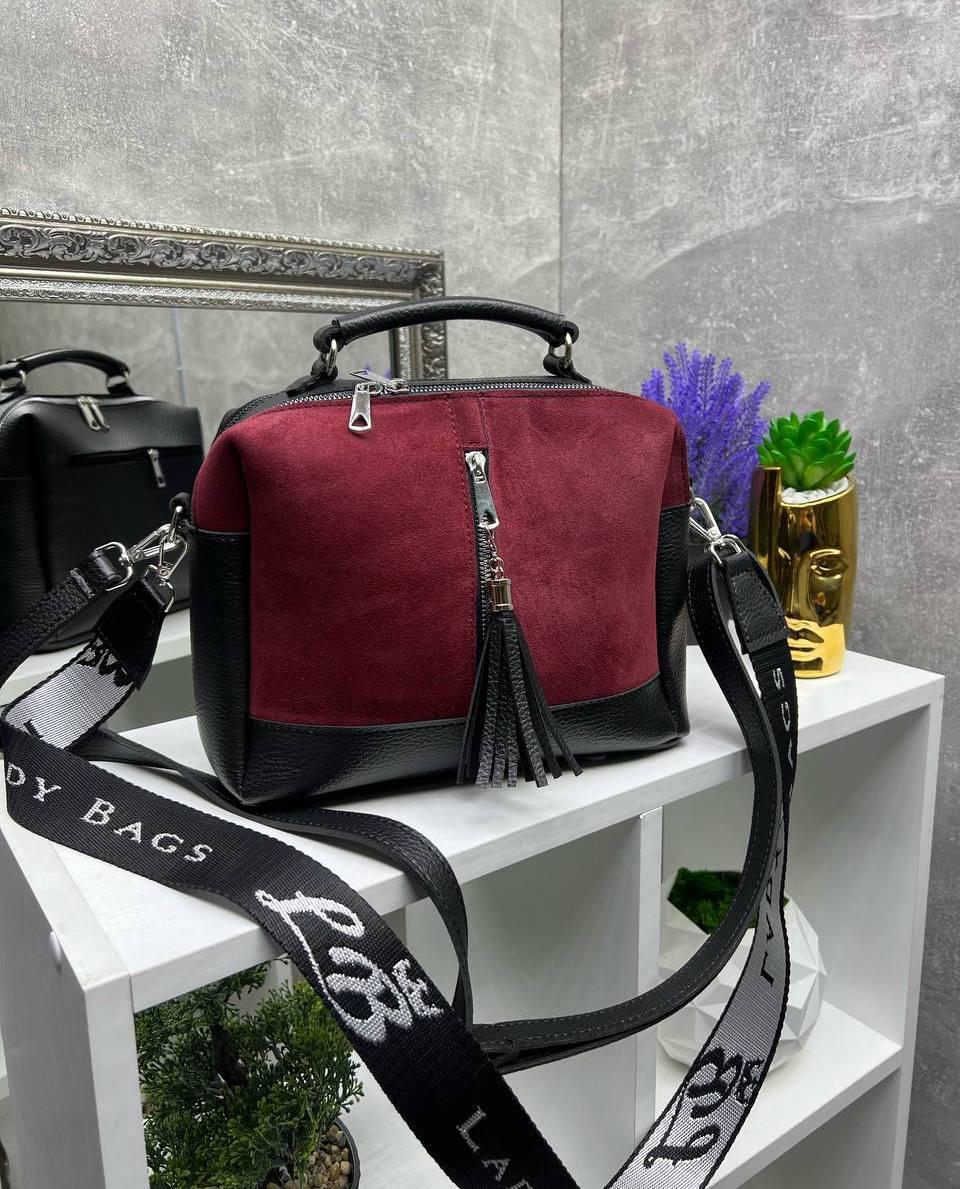 Жіноча сумка валізка комбінована через плече бордова натуральна замша+шкірзам, фото 1