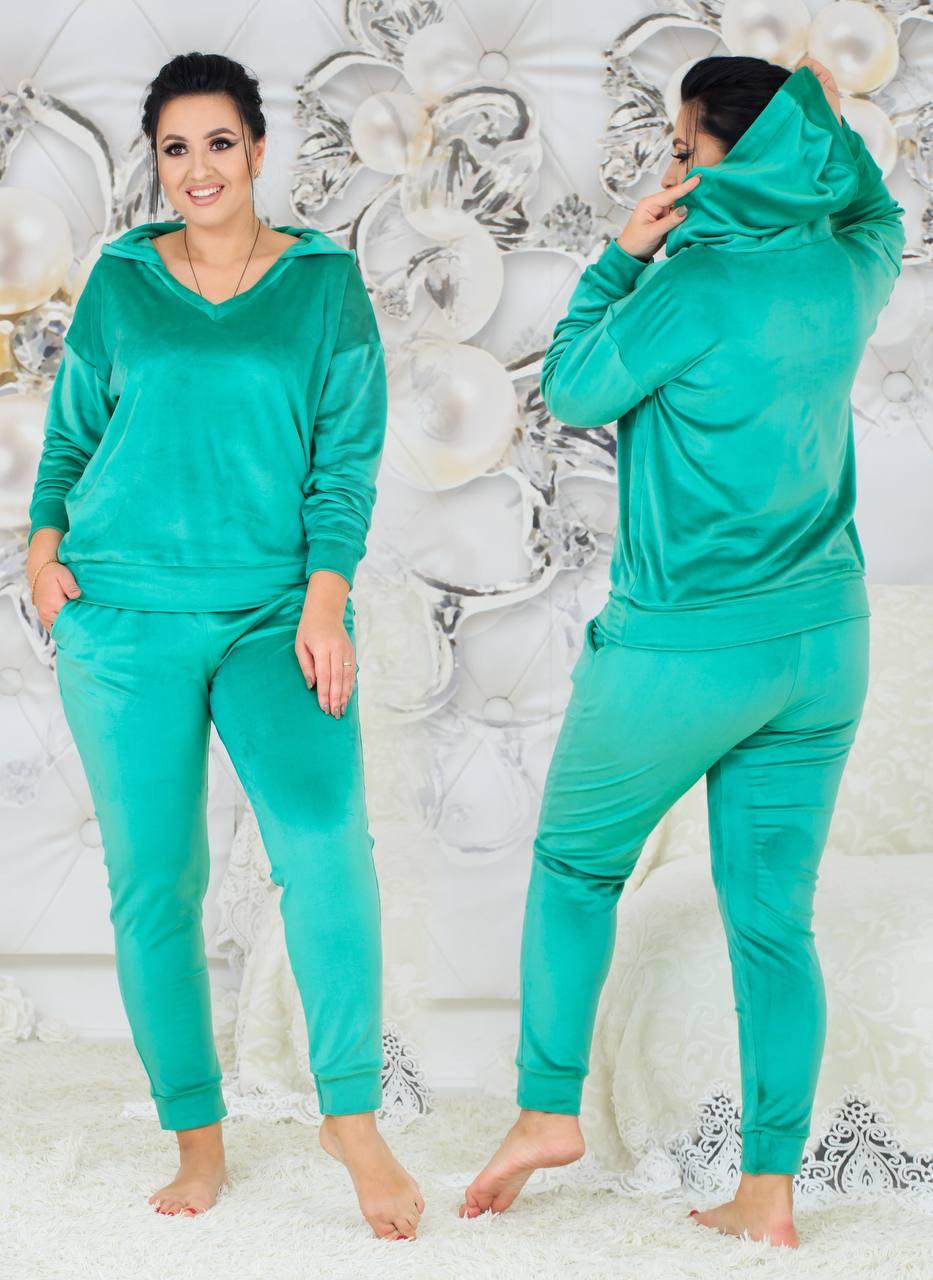 Жіночий велюровий домашній костюм: кофта з капюшоном та штани з кишенями, батал великі розміри, фото 1
