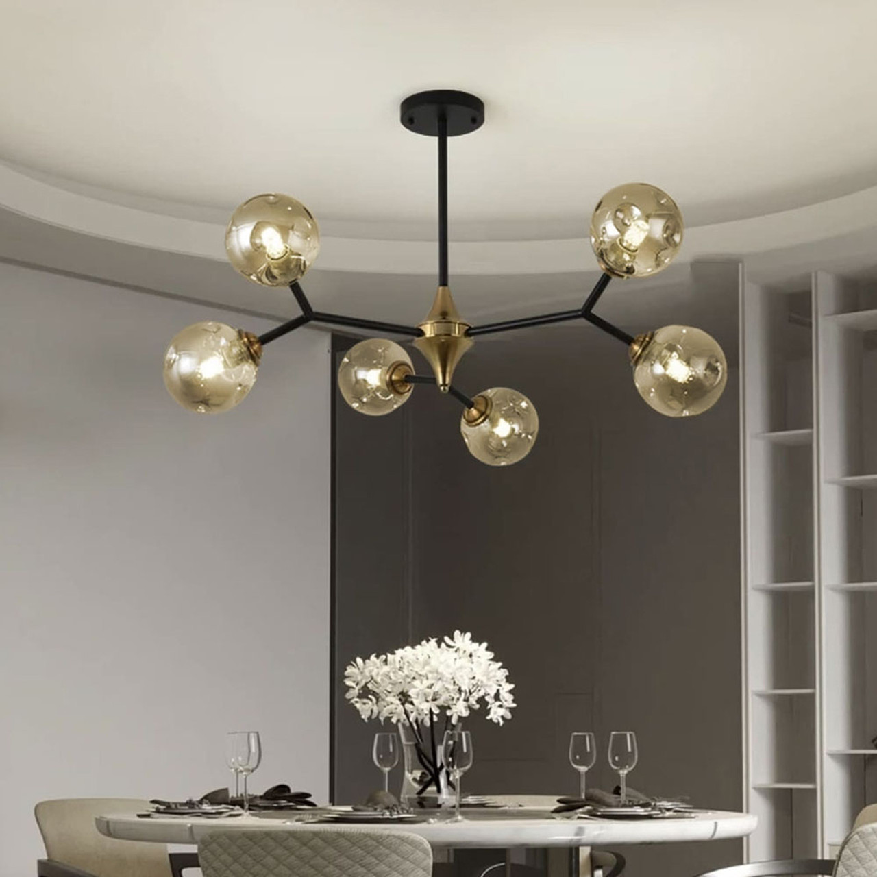 Чорна Люстра "Молекула" на 6 бурштинових плафонів MD 8023/6 BK+AM, освітлення до 15 м², фото 1