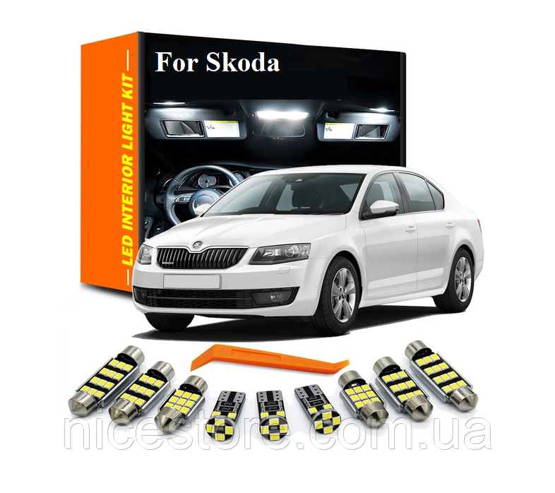 Комплект автомобільних LED ламп для салону Skoda Fabia MK2 2008-2014р. 14шт, фото 1