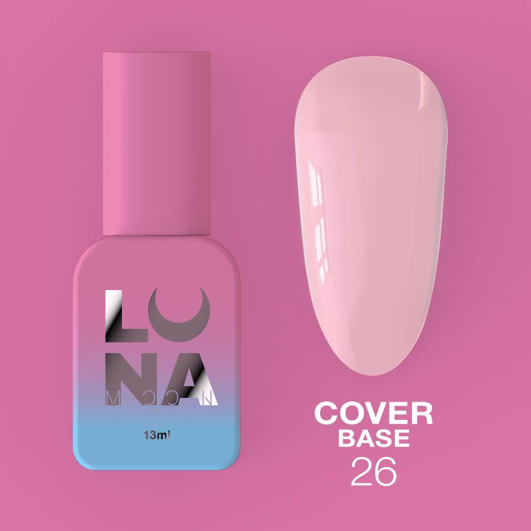 LunaMoon Cover base 26 (13 мл.) - нюдова, ніжно-рожева камуфлююча кольорова база покриття нігтів і френча