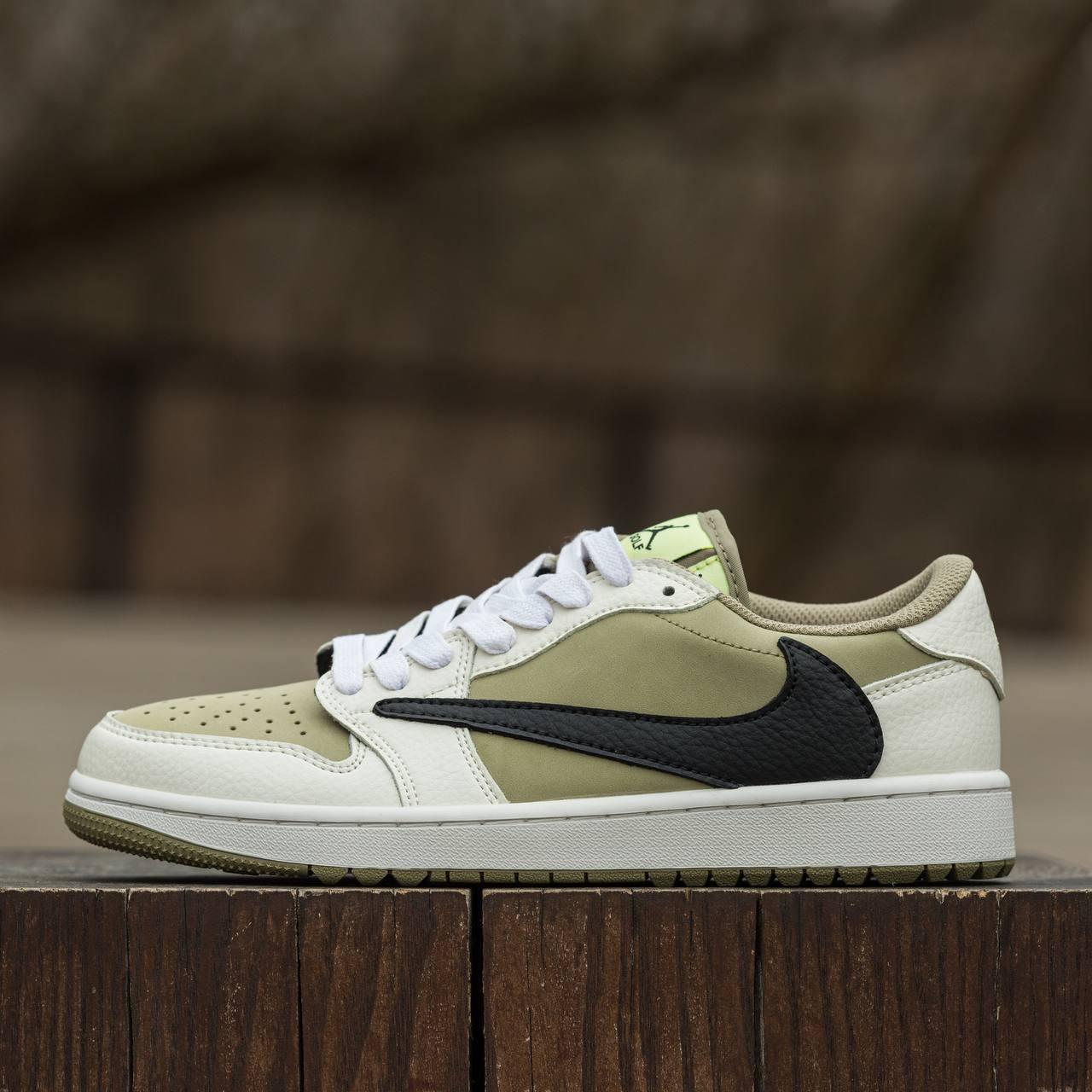 Чоловічі кросівки Nike Air Jordan Retro 1 Low x Travis Scott «Golf» (біло-оливкові) модні 1887 Найк vkross