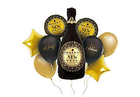 Набір повітряних новорічних куль Happy New Year з пляшкою шампанського, 9 шт