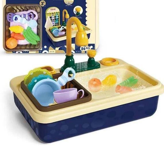 Набір для ігор мийка 24 елементи Реалістична ігрова раковина з автоматичним краном подача води сушка посуд овочі, фото 1