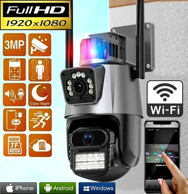 Вулична охоронна поворотна WIFI камера Dual Lens Zoom 8MP сирена