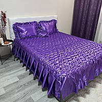 Гарне атласне покривало з подушками (двоспальне) бузкового кольору, однотонний набір на ліжко