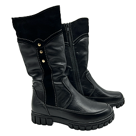 Чоботи зимові на блискавці для дівчаток зі шкіри та замші чорного кольору "Style Shoes"