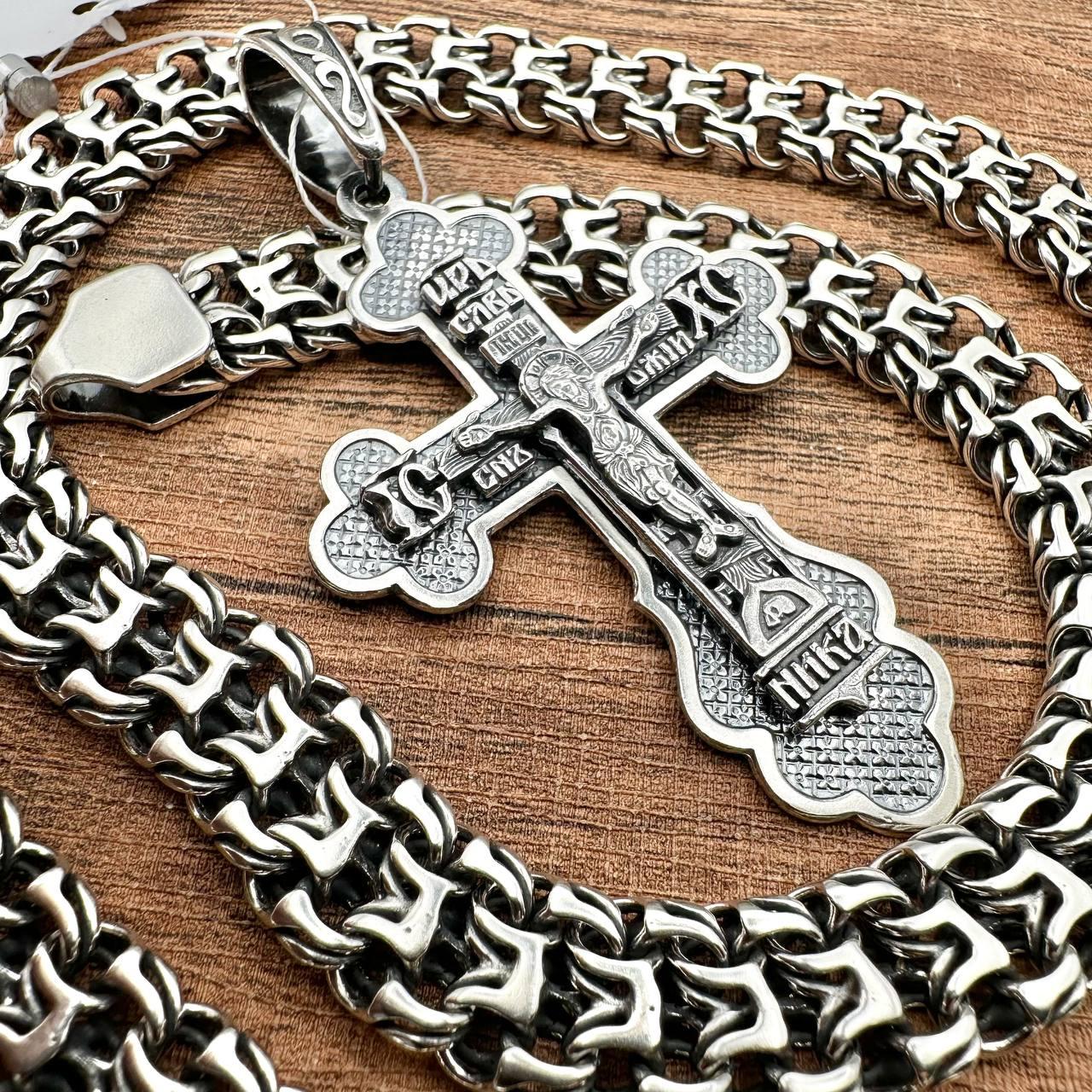 Масивний православний хрест з ланцюжком Фараон 925 проба чоловічий комплект 90 г, фото 1