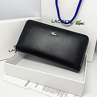Мужской клатч из натуральной кожи черный Lacoste горизонтальный длинный кошелек на молнии бумажник портмоне