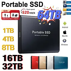 Зовнішній високошвидкісний жорсткий диск SSD 64 ТБ Mini Disk USB 3.0 /Type-C/USB  (Silver/Сірий)