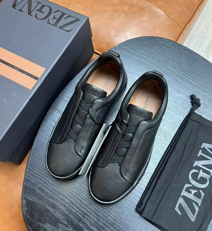 Чоловічі чорні шкіряні кросівки Zegna Triple Stitch кеди Зегну зі шкіри, фото 1
