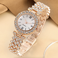 Жіночий наручний годинник QUARTZ класичний акуратний кварцовий круглий з металевим ремінцем і стразами Br BAR