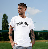 Футболка чоловіча біла базова щоденна однотонна зручна з патріотичним принтом Bucha Ukraine 1901 Br BAR