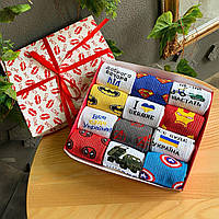 Мікс бокс шкарпеток чоловічих довгих демісезонних з Marvel і патріотичним принтом 40-45 12 шт у яскравій коробці Br BAR