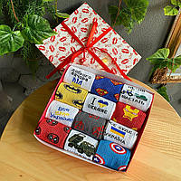 Подарунковий бокс шкарпеток чоловічих на 12 пар 40-45 р оригінальні з малюнками якісні, високі та Br BAR