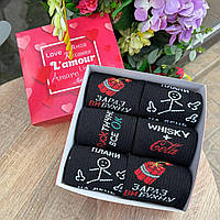 Подарунковий набір шкарпеток чоловічих довгих чорних міцних демісезонних з веселим принтом 40-45 6 шт на подарунок Br BAR